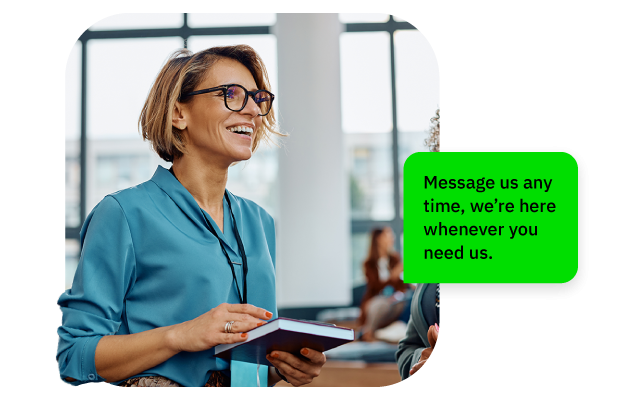 Photograph of smiling woman holding tablet next to green bubble with support message