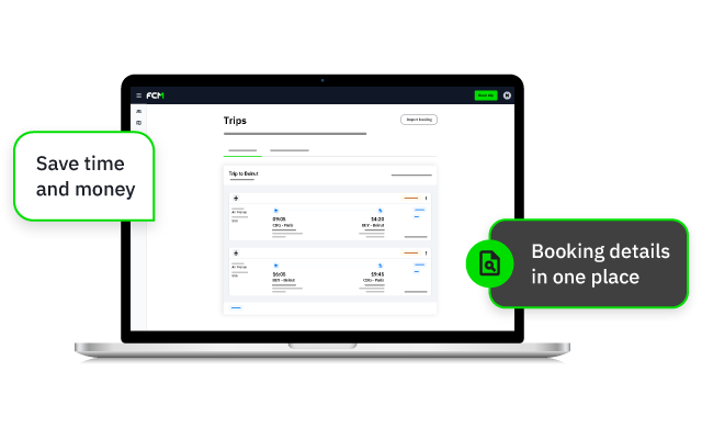Web app dashboard on laptop with callouts ‘Save time and money’ and ‘Booking details in one place’