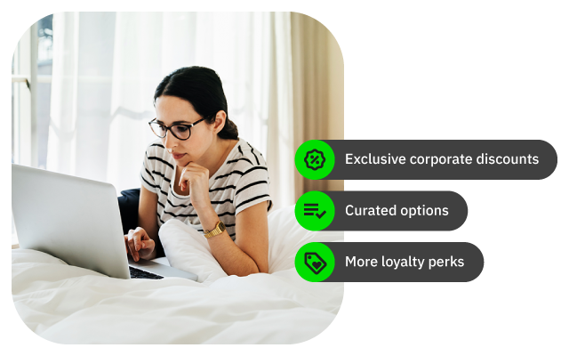 Woman at laptop with coffee, overlay infographic listing three perks with green check icons.