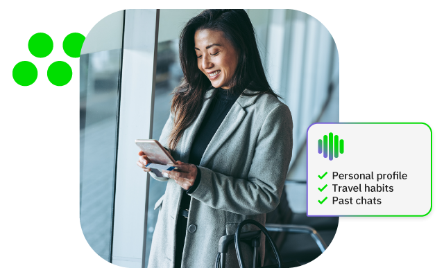 Smiling businesswoman holds phone; overlay shows personal profile, travel habits, pet chats.