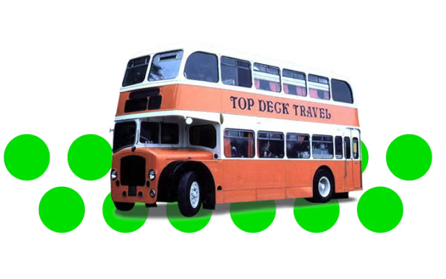 Orange and white double-decker bus graphic labeled Top Deck Travels over scattered green dots