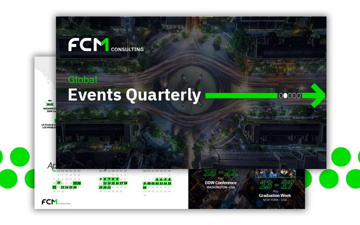 Two pages of the FCM Global Quarterly Event calendar 