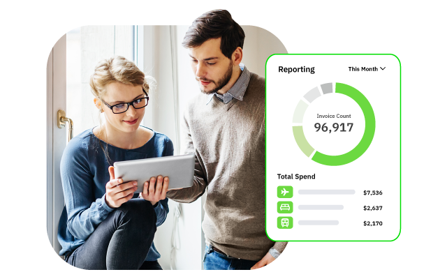 Two colleagues viewing a tablet showing a green spending dashboard with cycle progress and expenses