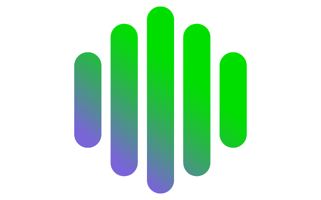 Audio equalizer graphic with five vertical green-to-purple bars.