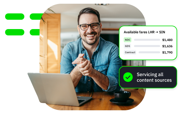 Man at laptop tapping phone, overlay lists font costs and green "Servicing all content sources" badge