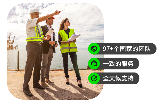 Three engineers in safety vests at a shipyard, one pointing, alongside Chinese service icons