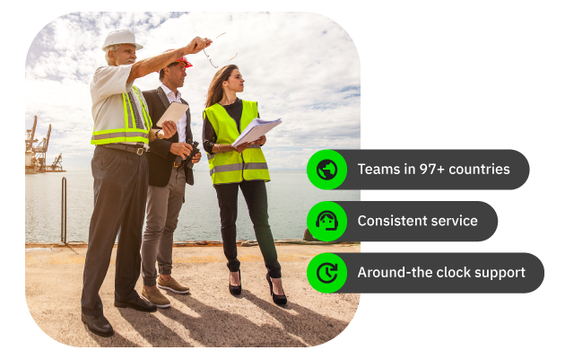Photo of three port workers in vests at harbor with overlay: global teams, service, 24/7 support
