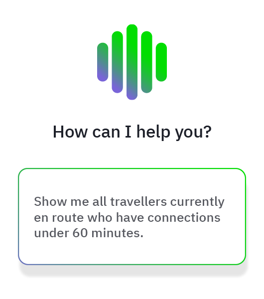 Assistant UI with waveform icon and request bubble: travellers with connections under 60 minutes.