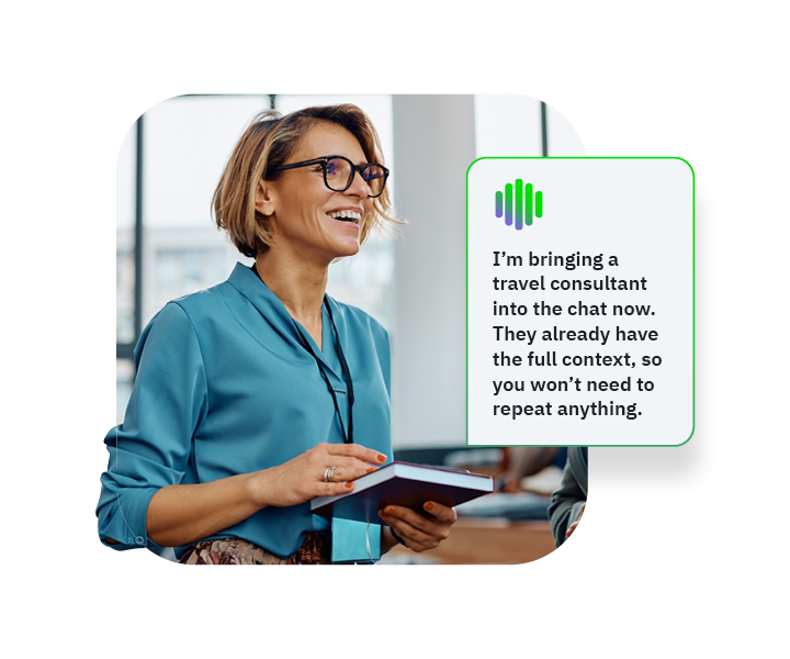 Photo of woman wearing headset holding tablet in office, chat bubble about adding travel consultant