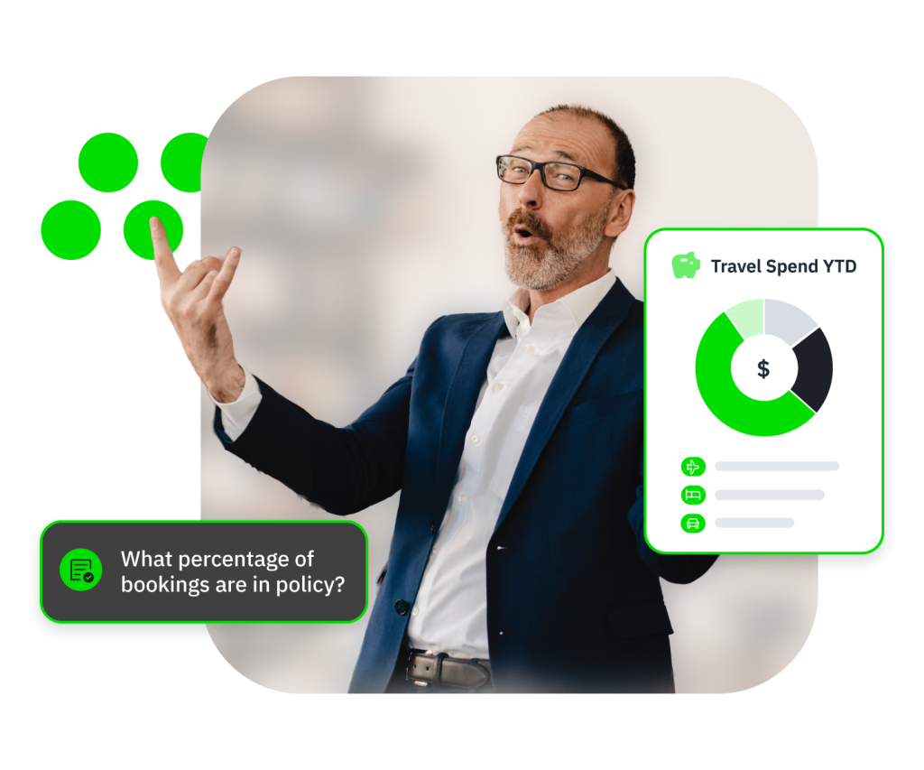 Businessman in blazer gestures next to chat bubble on policy bookings and a donut chart