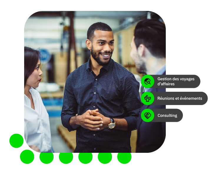 Three colleagues chatting in office with green labels for business travel, events, consulting