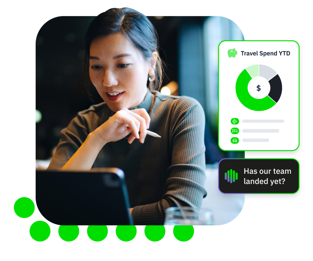 Asian woman wearing earbud on video call beside green-and-white travel spend dashboard.