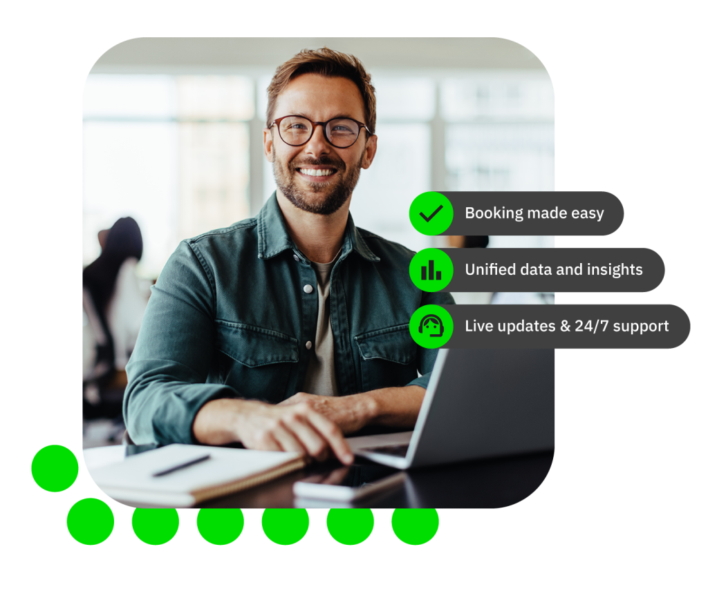 Smiling man with glasses at laptop next to checklist: booking made easy; unified data; 24/7 support.