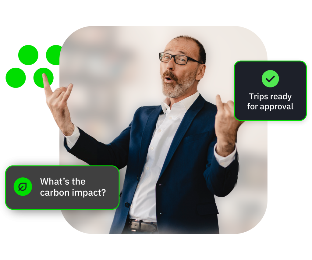 Photograph of blurred businessman gesturing with green approval and carbon impact labels