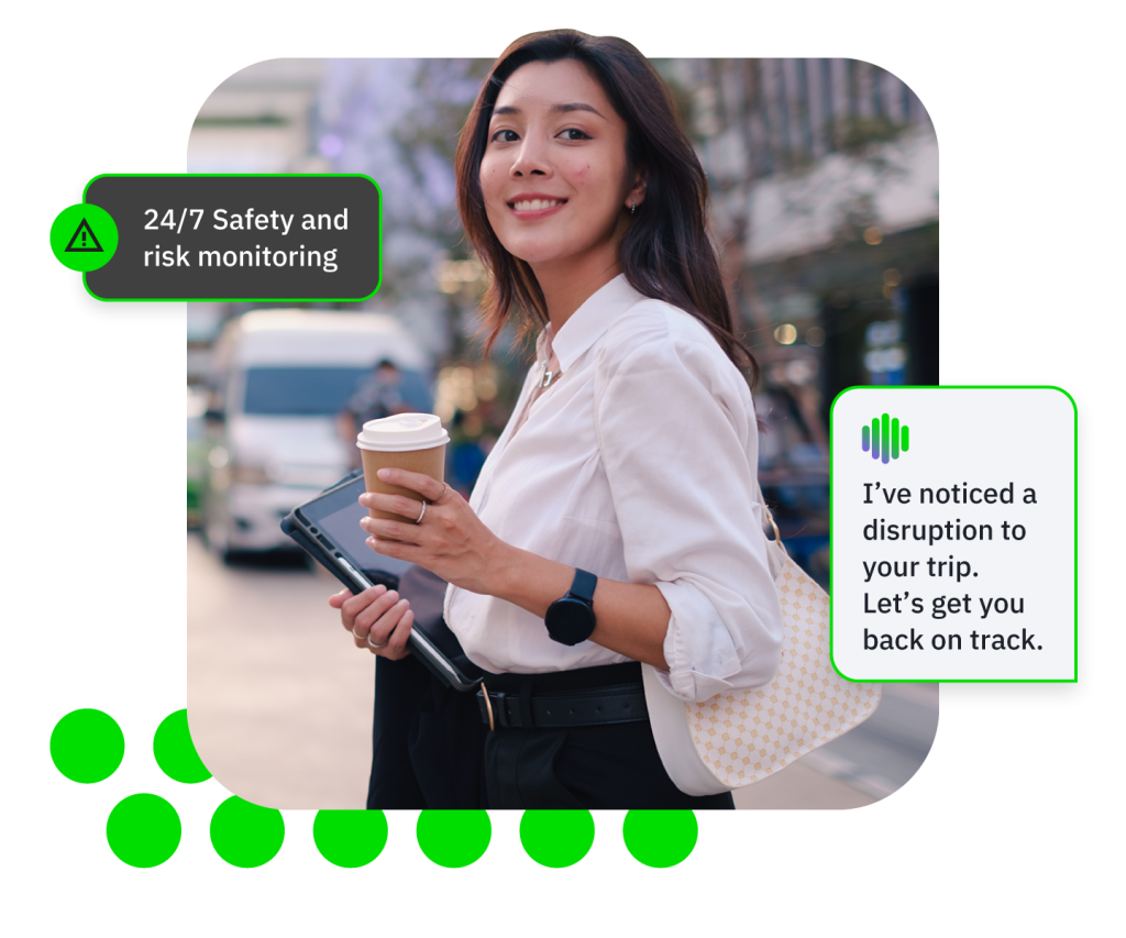 Photo of smiling woman with coffee on city sidewalk, floating green app safety alerts.