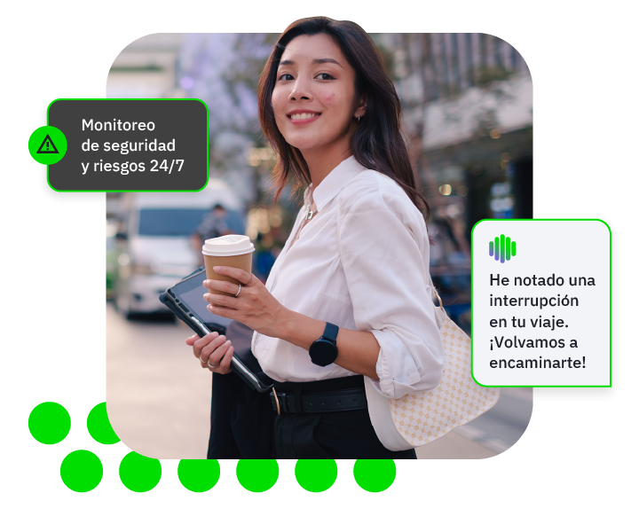 Women holding her laptop and coffee cup with speech bubble 24/7 safety and risk monitoring