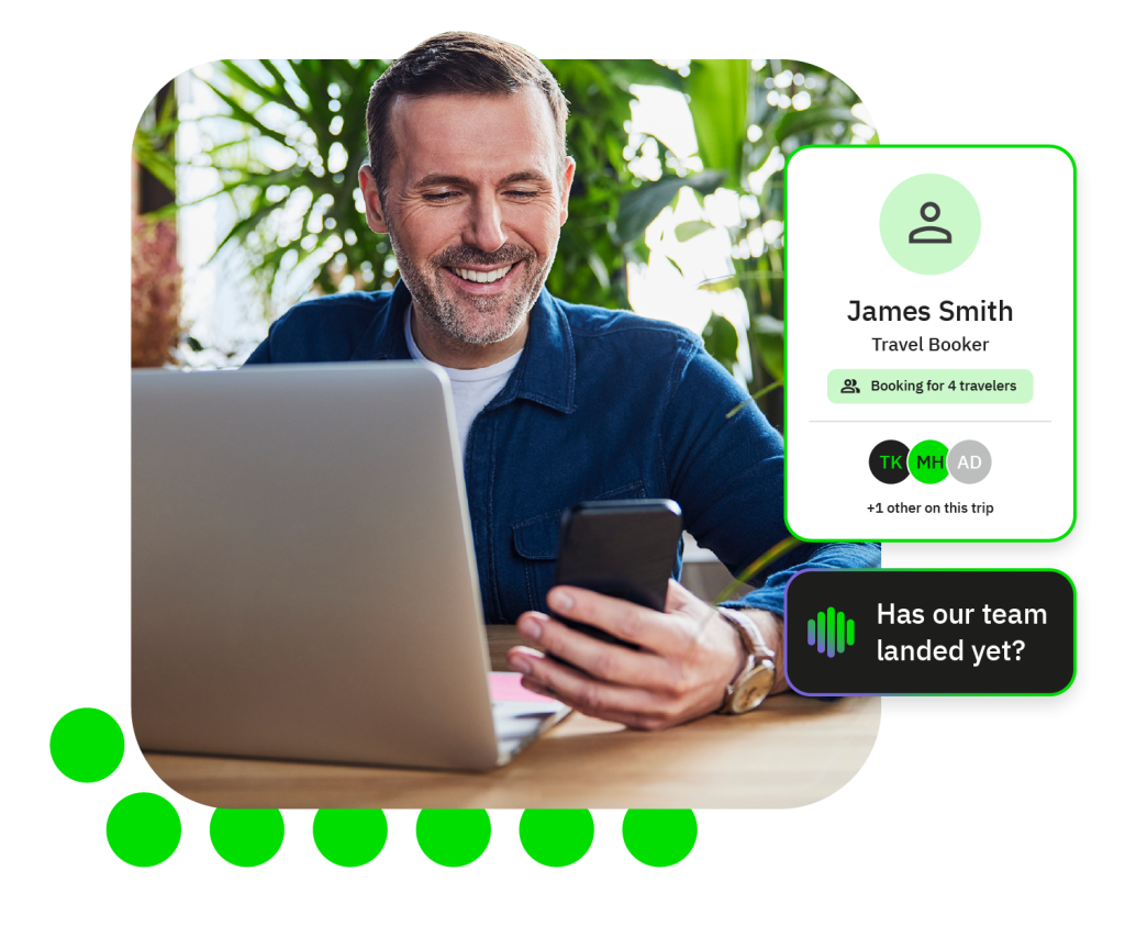 Smiling man uses laptop and phone, overlaid with contact card and chat bubble