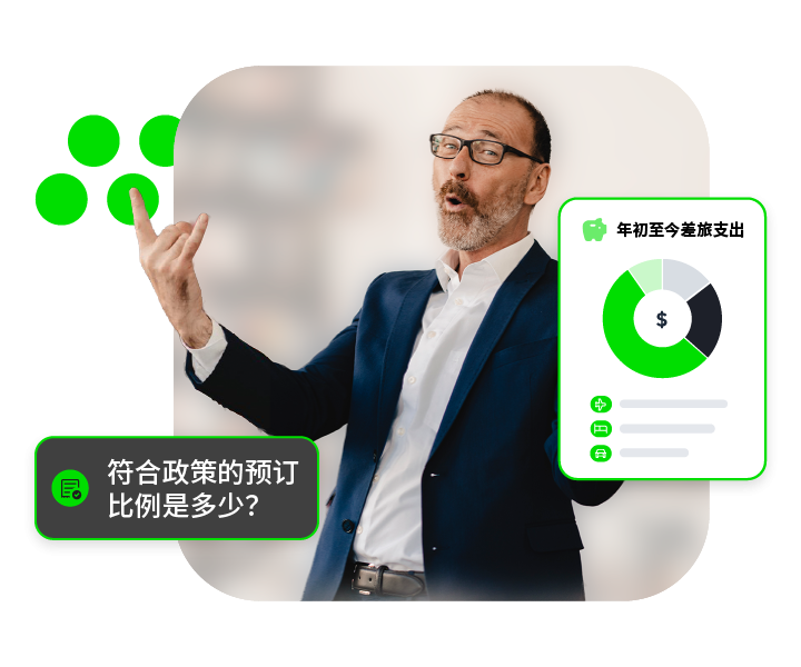 Businessman gesturing while presenting a pie chart on a tablet.