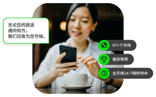 Smiling woman checking smartphone at café table with coffee cup and green Chinese chat bubbles.
