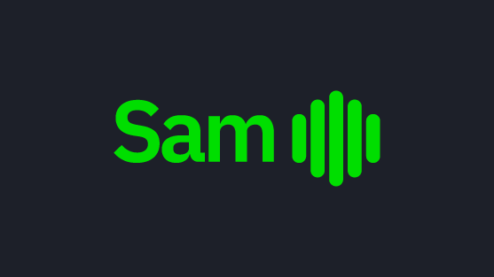 Sam logo in bright green with stylized sound-wave bars on a dark background