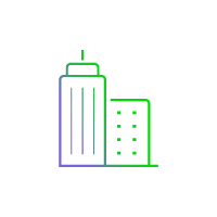 Neon gradient graphic of a tall skyscraper and a shorter office building