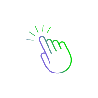 Stylized neon gradient hand icon tapping with green click indicator lines