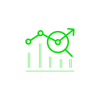 Green graphic of bar and line charts, magnifying glass, and upward arrow on black background