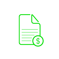 Green outlined document icon with text lines and dollar sign on black background.