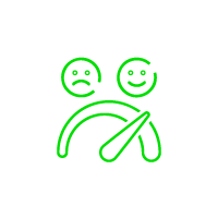 Green emotion gauge graphic with sad face left, happy face right, pointer near happy.