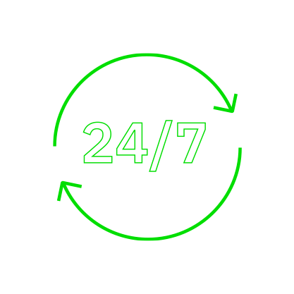 Green neon graphic of circular arrows around “24/7” text