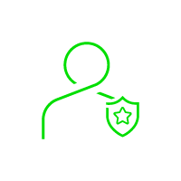Green line graphic of user silhouette with shield bearing a star