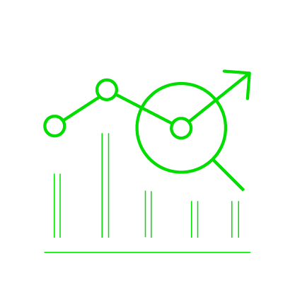 Graphic of neon green bar and line chart with magnifying glass showing upward trend