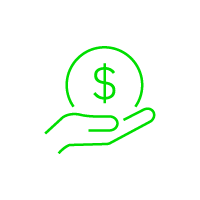Groen neon lijn grafisch van hand die een dollarmunt vasthoudt