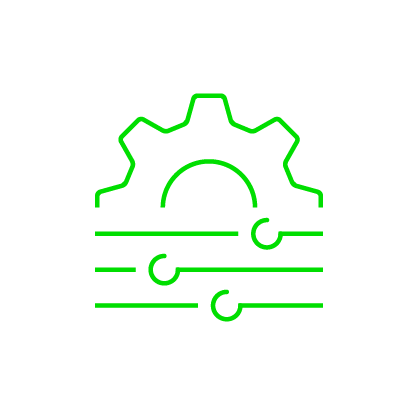 Green outline of gear above three horizontal slider bars with knobs