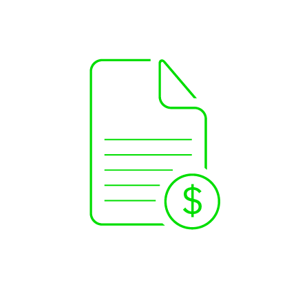 Graphic of green document outline with folded corner and dollar sign on black background