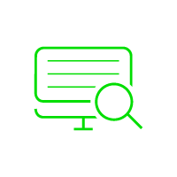 Neon green icon of a computer monitor displaying text lines with a magnifying glass on black background