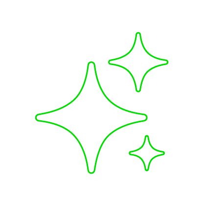 Three green sparkle graphics on black background