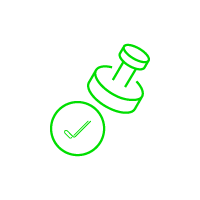 Neon green rubber stamp graphic with a check mark