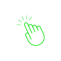 Green outline of a pointing hand icon with click lines on black background