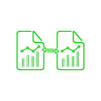 Green graphic icon of two documents with bar and line charts connected by a link