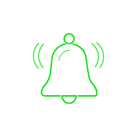 Green neon ringing bell icon on black background