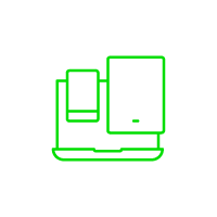 Neon green graphic of overlapping laptop, tablet, and smartphone outlines on black background