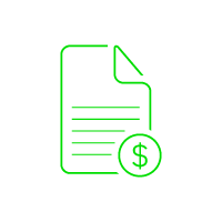 Green line-art document icon with dollar sign on black background