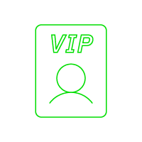 Neon green VIP badge graphic with user silhouette on black background