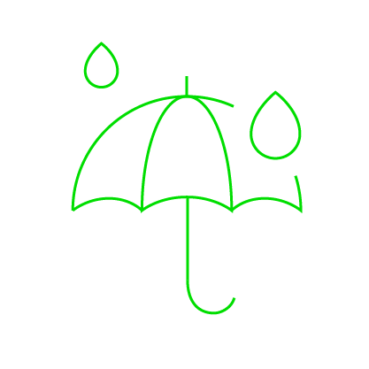 Neon green line-art umbrella with three raindrops on black background