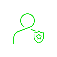Green line graphic of user silhouette with shield and star representing security