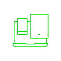 Graphic of neon green smartphone, tablet, and laptop outlines on black background