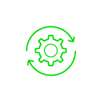 Graphic of a green cogwheel surrounded by circular arrows on a black background