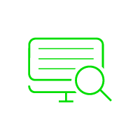 Neon green icon of a monitor with text lines and a magnifying glass