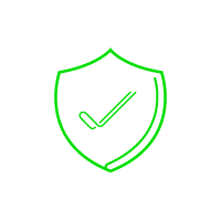 Graphic: neon green shield outline with check mark on black background